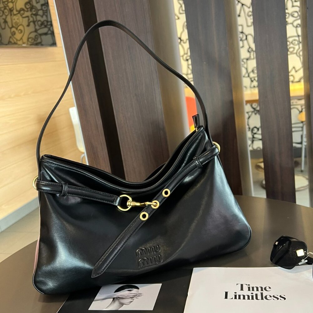 Miu Miu Black Leather Shoulder Bag with Gold Accents